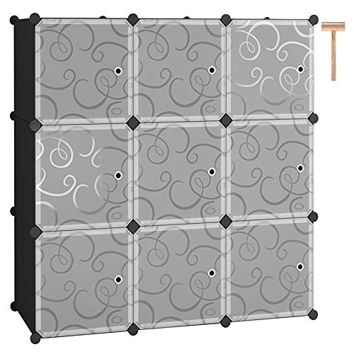 C&AHOME Cube Storage Organizer, 9-Cube Plastic Closet Cabinet, Modular Book Shelf Organizer Units, Storage Shelving with Doors Ideal for Bedroom Living Room Office 36.6”L x 12.4”W x 36.6”H Black