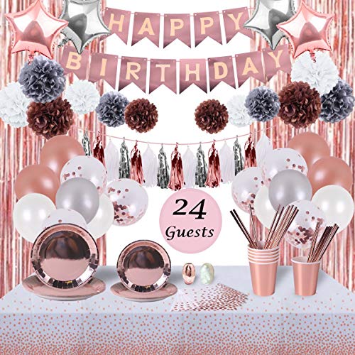 Rose Gold Birthday Party Decorations and Tableware Set | Serves 24 Guests | Party Supplies for Women | Plates, Napkins, Cups Straws, Table Cloth, Birthday Banner, Foil Curtains and more – RSA Products