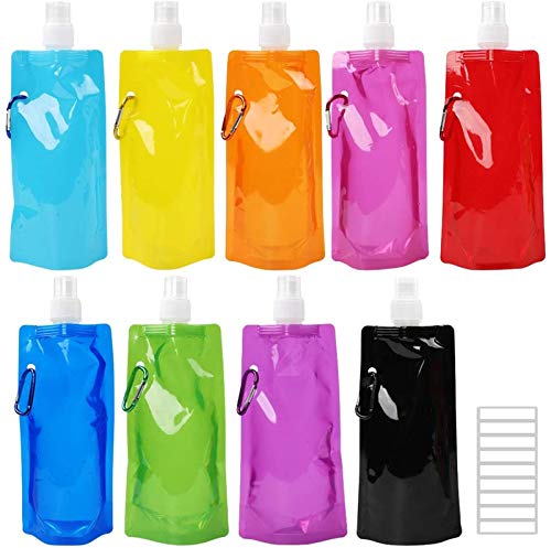 TOMNK 9pcs Collapsible Water Bottle Reusable Canteen Foldable Drinking Water Bottle with Clip for Biking, Hiking Travel, 9 Colors