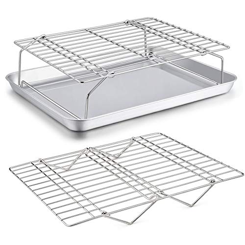 Baking Sheet and 2-Tier Cooling Racks Set, P&P CHEF Stainless Steel Baking Pan Tray with Stackable Cooking Wire Rack for Cookie Bacon Meat, Uncoated & Non-toxic, Mirror Finish& Dishwasher Safe - 3Pcs