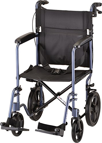 NOVA Medical Products NOVA Lightweight Transport Chair with Locking Hand Brakes, 12â€ Rear Wheels, Full Length Padded Armrests, Blue