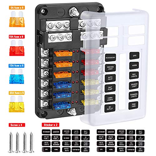 Electop 12-Way Blade Fuse Block, 12 Circuits with Negative Bus Fuse Box Holder with LED Indicator Damp-Proof Protection Cover Sticker for Automotive Car Truck Boat Marine RV Van