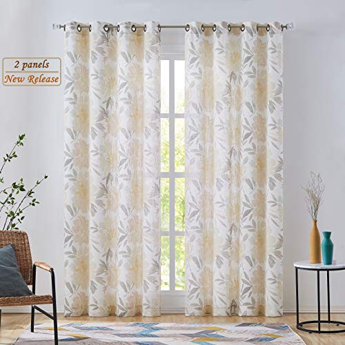West Lake Floral Window Curtain Panels Yellow and White Flower Leaf Linen Rayon Semi-Sheer Light Filtering Drapes Grommet Top Window Treatments for Bedroom, Dining, Balcony, W52 x L95 inch, 2 Panels