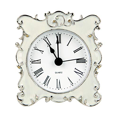 NIKKY HOME Pewter Pretty Small and Cute Vintage Table Clock with Quartz Analog Crystal Rhinestone 3 Inch for Living Room Bathroom Decoration, White Enamel