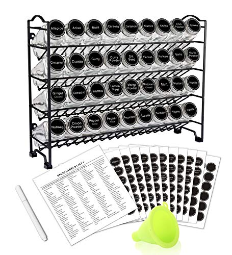 SWOMMOLY Spice Rack with 36 Empty Square Spice Jars, 396 Spice Labels with Chalk Marker and Funnel Complete Set, for Countertop, Cabinet or Wall Mount