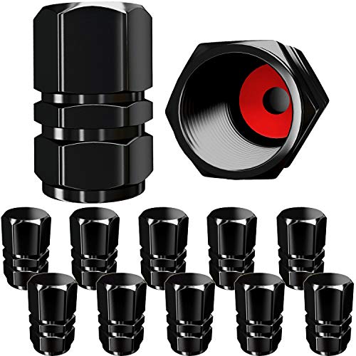 Tire Valve Caps (12 Pack) Heavy-Duty Stem Covers | Dust proof, with O Rubber Seal | Hexagon Design | Outdoor, All-Weather, Leak-Proof Air Protection | Light-Weight Universal Aluminum Alloy ( Black )