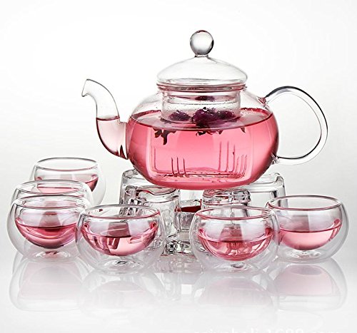 Jusalpha Glass Filtering Tea Maker Teapot with a Warmer and 6 Tea Cups Set (Version 2, 26-Oz)