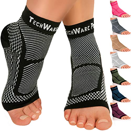 TechWare Pro Ankle Brace Compression Sleeve - Relieves Achilles Tendonitis, Joint Pain. Plantar Fasciitis Foot Sock with Arch Support Reduces Swelling & Heel Spur Pain. (Black, S / M)