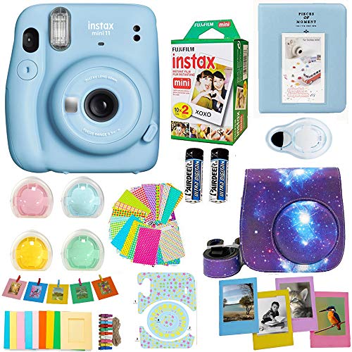 Fujifilm Instax Mini 11 Blue Camera + Fuji Instant Instax Film (20 Sheets) Includes Galaxy Camera Case + Assorted Frames + Photo Album + 4 Color Filters and More Top Accessories Bundle (Sky Blue)