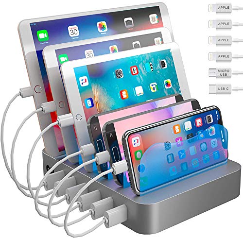 Hercules Tuff Charging Station for Multiple Devices - 6 Short Mixed Cables Included for Cell Phones, Smart Phones, Tablets, and Other Electronics - Multi Charger Organizer Docking Station