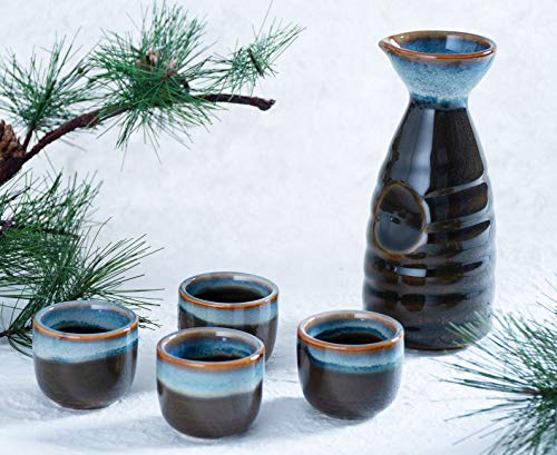 Hinomaru Collection Reactive Glaze Sake Set Tokkuri 10 fl oz Bottle with Four Sake Ochoko Cups 2 fl oz (Brown)