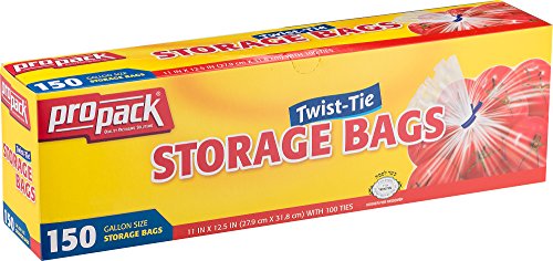 ProPack Disposable Plastic Storage Bags with Original Twist Tie, 1 Gallon Size, 150 Bags, Great for Home, Office, Vacation, Traveling, Sandwich, Fruits, Nuts, Cake, Cookies, Or Any Snacks (1 Packs)