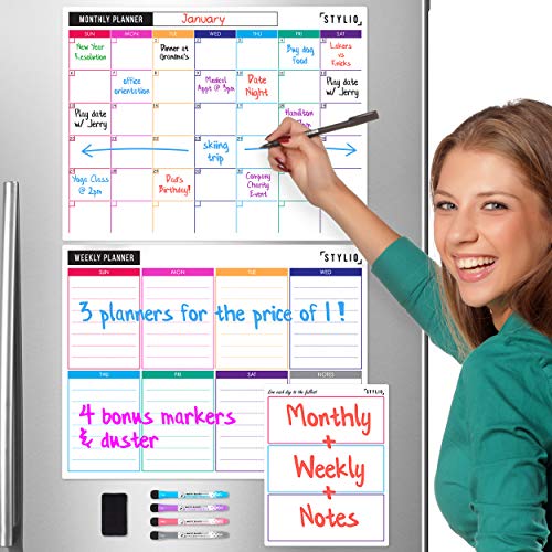 STYLIO Dry Erase Calendar Whiteboard. Set of 3 Magnetic Calendars for Refrigerator: Monthly, Weekly Organizer & Daily Notepad. Wall & Fridge Family Calendar. 4 Fine Point Markers & Eraser Included