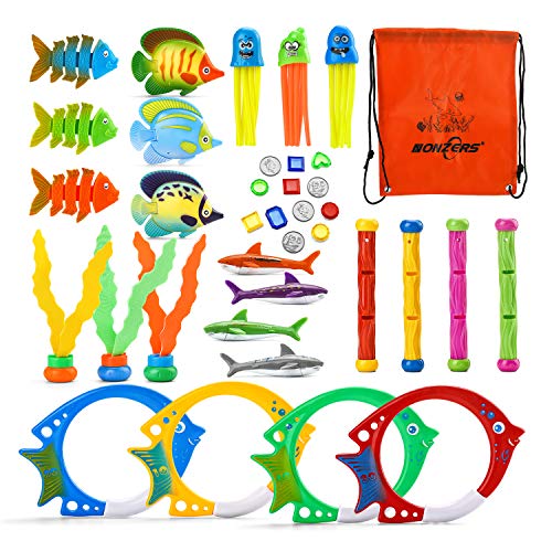 NONZERS 36pcs Pool Diving Toys for Kids, Pool Dive Toys with Storage Bag, Diving Rings, Sticks, Fishes, Gem, Coin, Jellyfis, Underwater Sinking Pool Toys Swimming Games Training Gift for Boys Girls