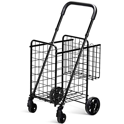 Goplus Folding Shopping Cart Double Basket Perfect for Grocery Laundry Book Luggage Travel with Swivel Wheels