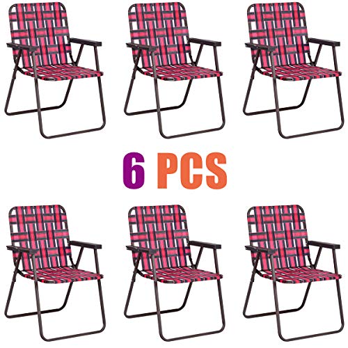 Giantex Folding Lawn Chairs Set of 6 Outdoor Portable Beach Chair W/Stable Steel Frame for Camping,Beach,Backyard BBQ Folding Webbed Chair(Red)