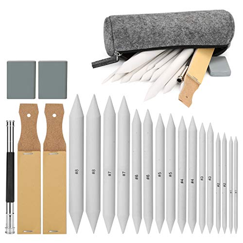Sketch Drawing Tools, AGPTEK 16 Blending Stumps Set with 2 Sandpaper Pencil Sharpeners, 1 Pencil Extension Tool, 2 Erasers & 1 Felt Bag for Student Sketch Drawing Accessories