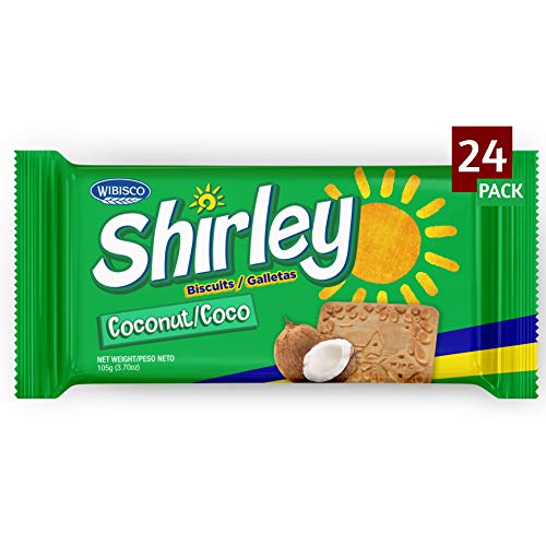 Wibisco Shirley Coconut Biscuits, 3.7 Ounce (Pack of 24) Real bits of Coconut, Ideal for Breakfast, Snack, Dessert, Coffee or Tea Breaks. 24 Individual Biscuit Packets Bulk Coconut Biscuits.