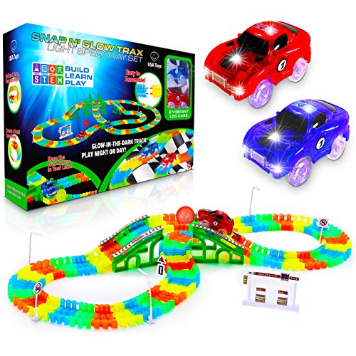 USA Toyz Glow Race Tracks and LED Toy Cars - 360pk STEM Building Glow in The Dark Flexible Rainbow Race Track Set with 2 Light Up Toy Cars