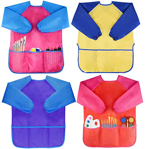 Pack of 4 Kids Art Smocks, Children Waterproof Artist Painting Aprons Long Sleeve with 3 Pockets for Age 2-6 Years