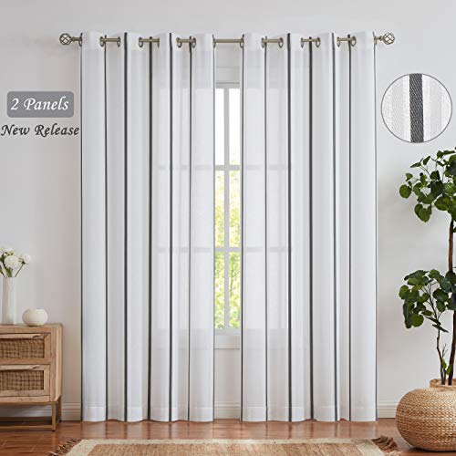 West Lake Stripe Linen Sheer Curtain Grommets Top Pinstripes Rustic Farmhouse Semi Sheer Window Treatment Sets for Dining, Living Room, Bedroom, Gray and White Stripe, 52''x84'', 2 Pieces