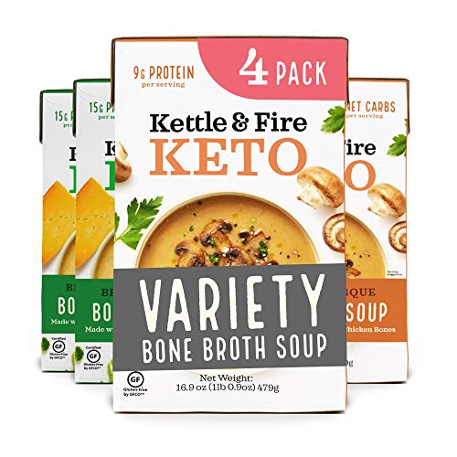 Keto Soup with Bone Broth Variety Pack by Kettle and Fire, Pack of 4, 2 Broccoli Cheddar, 2 Mushroom Bisque, Organic Vegetables, Diet Friendly Grocery Food, Snack, Drink