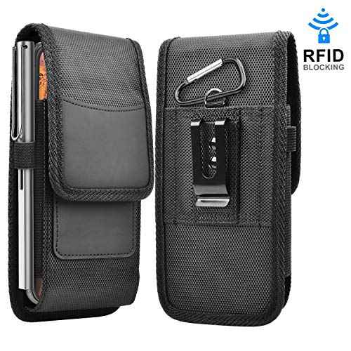 Takfox Phone Holster for Samsung Galaxy S20 Ultra S20 Plus S10+ S9 S8 S7 J7 J3, A01 A11 A21 A51 A71 A10e A20 A30 A50, K51 Stylo 6, Nylon Cell Phone Belt Clip Holster Carrying Pouch w Card Holder,Black