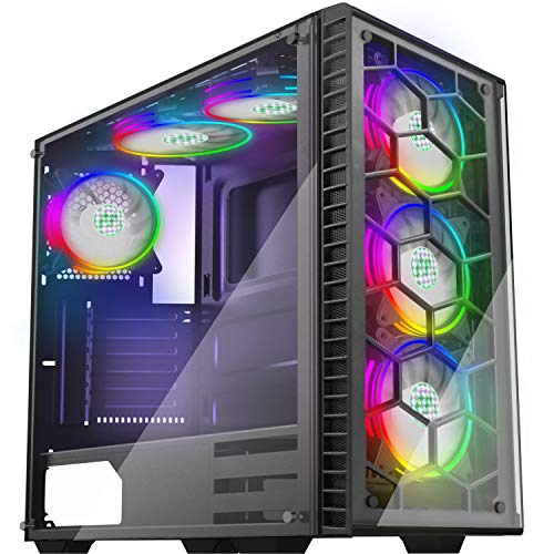 MUSETEX Phantom Black ATX Mid-Tower Desktop Computer Gaming Case USB 3.0 Ports Tempered Glass Windows with 6pcs 120mm LED RGB Fans Pre-Installed (Black 903S6)