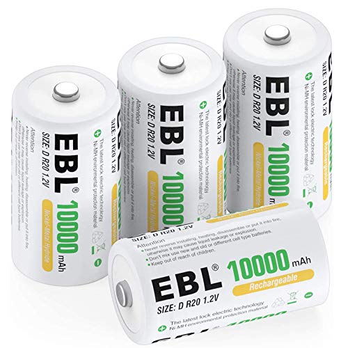 EBL D Size Battery D Cell 10000mAh Huge Capacity Ni-MH Rechargeable D Batteries with Storage Box, 4 Counts