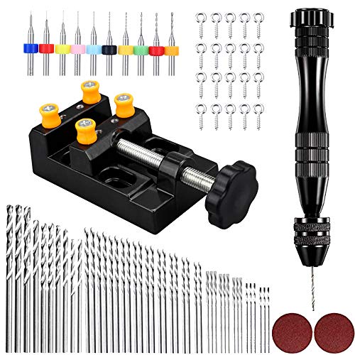 82PCS Pin Vise Hand Drill Bits Set 0.5-3.0mm Precision Micro Twist Drill Bits with Bench Vice Carving Clamp and 20 PCS Screw Eye Pin for Wood Plastic DIY Jewelry Keychain Pendant Making Craft Carving