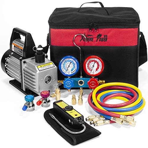 XtremepowerUS Premium 4CFM Air Vacuum Pump HVAC A/C Refrigeration Kit AC Manifold Gauge Case Set R134a Tap w/Leak Detector and Carrying Tote Bag