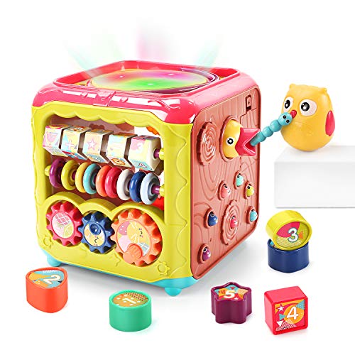 CUTE STONE Baby Activity Cube Toy,6 in 1 Multi-Functional Learning Cube Toys with Music & Light,Shape Sorter,Play Drum,Gears,Baby Early Educational Play Cube Centers Gifts for Infant Kids Boys Girls