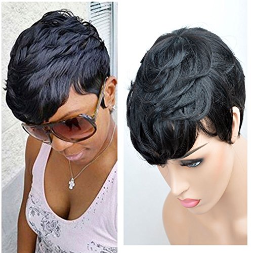 VCK Short Layered Wavy Human Hair Black Cute Natural Curly Wigs for Black Women 1B Color