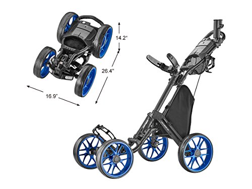CaddyTek Caddycruiser One Version 8 - One-Click Folding 4 Wheel Golf Push Cart, Blue