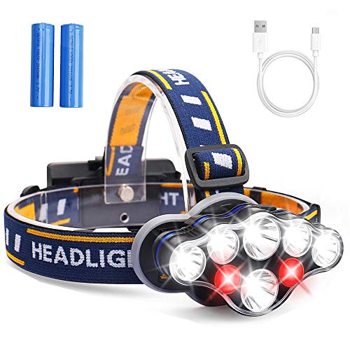 MOSFiATA Headlamp, Headlight 13000 Lumen 8 LED 8 Modes 18650 USB Rechargeable Waterproof Flashlight with Red Light Head Lamp Camping Gear for Adults Camping Hunting Running Hiking Fishing (Classic)