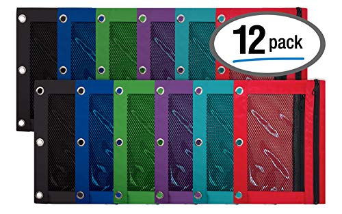 3 Ring Pencil Pouch, 12 Pack, with Mesh Window, 2 Compartments, Assorted Colors