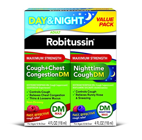 Robitussin Adult Maximum Strength Cough + Chest Congestion DM Max & Nighttime Cough DM Max (2 bottles of 4 fl. oz.), Cough Suppressant, Expectorant (Day) & Cough Suppressant, Antihistamine (Night)