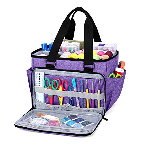 YARWO Sewing Accessories Organizer, Craft Storage Tote Bag with Pockets for Sewing Accessories and Craft Supplies, Purple