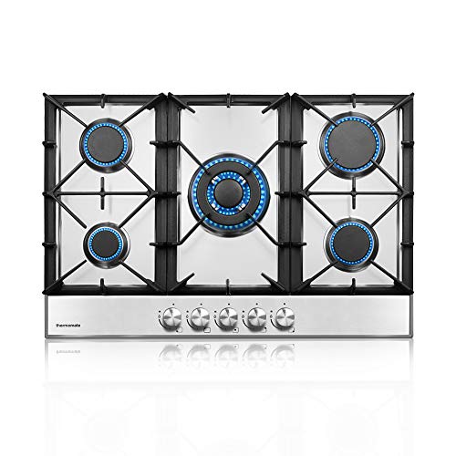 thermomate Gas Cooktop, 30 Inch Built In Gas Rangetop with 5 High Efficiency Burners, NG/LPG Convertible Stainless Steel Gas Stove Top with Thermocouple Protection, 120V AC