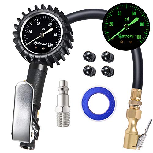 AstroAI Upgraded 100 PSI Tire Inflator with Pressure Gauge, Heavy Duty with Large 2' Easy Read Glow Dial, Air Chuck, Quick Connect Coupler and Rubber Hose Compressor Accessories