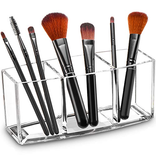 Tasybox Clear Makeup Brush Holder Organizer, 3 Slot Acrylic Cosmetic Brushes Storage, Eyeliners Eyebrow Pencil Display Case