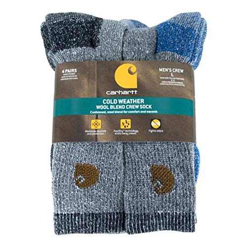 Carhartt Men's A118-4 Cold Weather Wool Blend Crew Socks (Pack of 4), Blue/Black, Shoe Size: 6-12