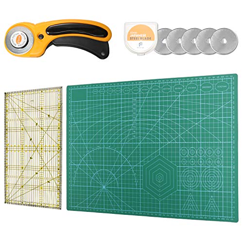 Rotary Cutter Set, Ahsado A3 Self Healing Cutting Mat Set with 45mm Fabric Cutter and 5 Replacement Blades- Ideal for Crafting, Sewing, Patchworking, Crochet & Knitting