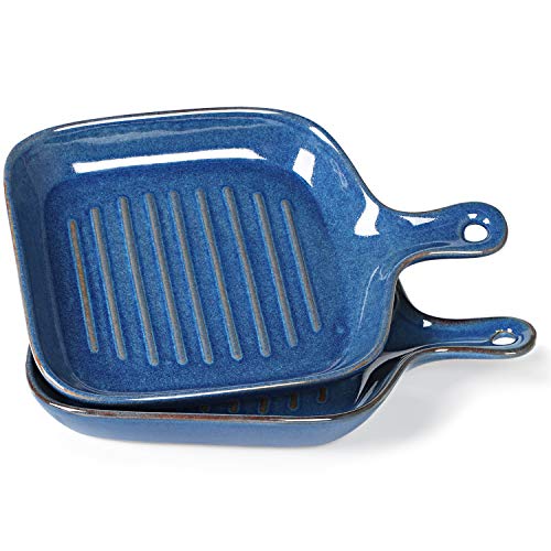 LEETOYI Ceramic Small Baking Pans with Handle -1 or 2 person Serving, Au Gratin Pans, Baking Plates for Potatoes, Steak, Pasta, Salad and Chicken wings, 2-Piece (Gradient Blue)