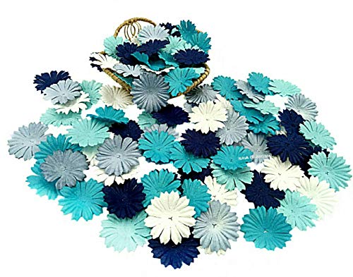 NAVA CHIANGMAI 100 Blue Color Tone Mulberry Daisy Flowers Scrapbooking Embellishment Making Doll House Supplies Card