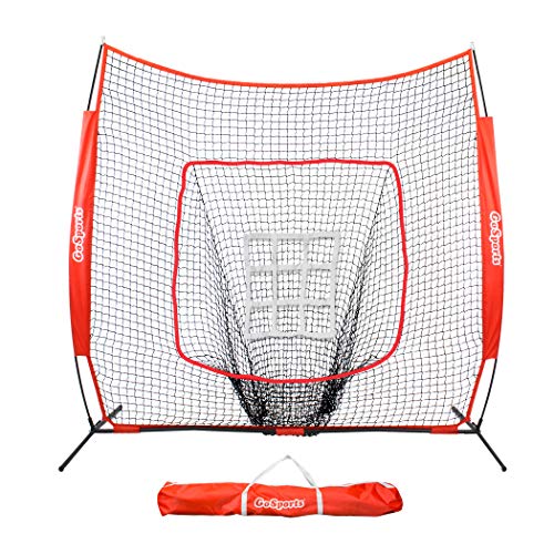 GoSports 7' X 7' Baseball & Softball Practice Hitting & Pitching Net with Bow Frame, Carry Bag and Bonus Strike Zone, Great for All Skill Levels, Regulation
