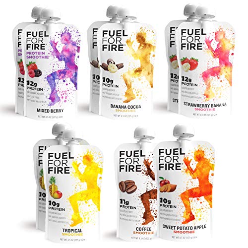 Fuel For Fire - Variety Pack with All 6 Flavors (10 Pack) Including New Mixed Berry! Fruit & Protein Smoothie Squeeze Pouch | Gluten Free, Soy Free, Kosher (4.5 ounce pouches)