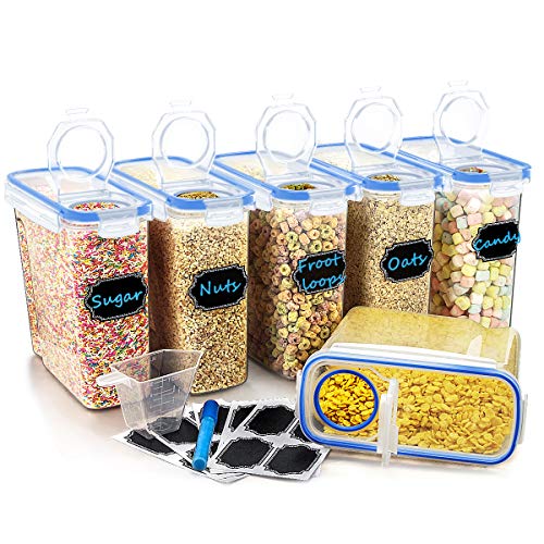 Wildone Plastic Cereal Containers Set | 6 Large (16.9 Cups, 135.3oz) Airtight Food Storage Containers - Leak-proof, BPA Free Cereal Dispenser | Flour, Sugar, Dry Food Storage Containers with Blue Lids