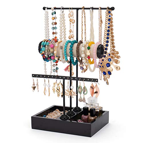 Jewelry Stand Holder 3 Tier Jewelry Tree Stand Display Stand Jewelry Holder Stand Organizer Necklace Bracelet Holder Jewelry Tower Rack with Ring Tray for Necklace Bracelets Watches Earrings Cosmetic