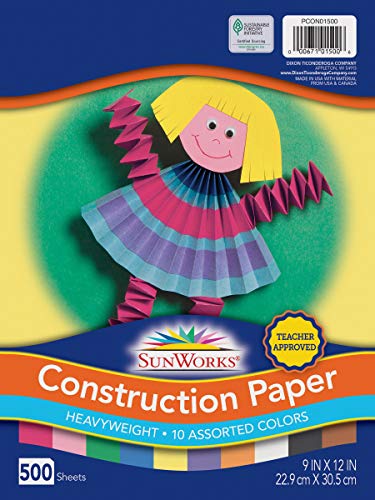 SunWorks Construction Paper, 10 Assorted Colors, 9' x 12', 500 Sheets, PCON01500